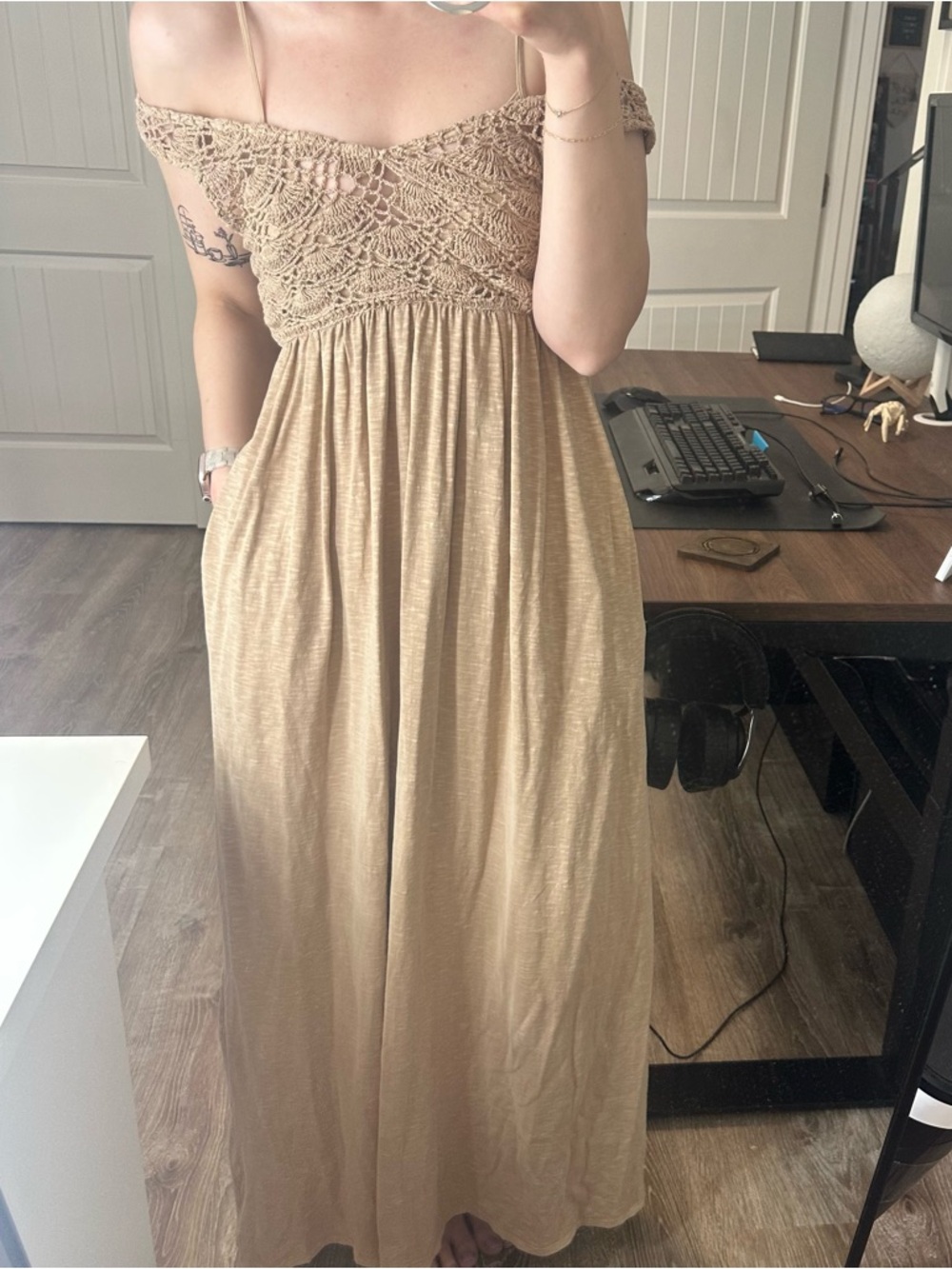 Aerie Crochet-Top Maxi Dress in Beige